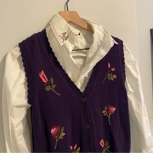 Deadstock Vintage Tulchan Purple Needlepoint Floral Top and Vest Set Small - Picture 15 of 16